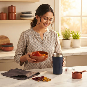 South Asian woman in a modern kitchen with a stainless steel spice grinder and bowls of fresh spices.