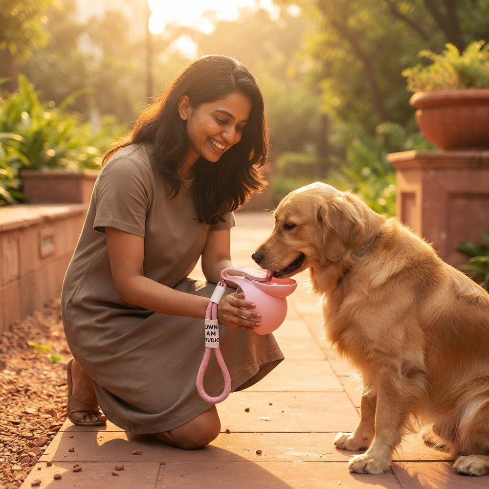 An Indian woman hydrating her dog from a 2-in-1 portable water bottle in a sunlit city park.