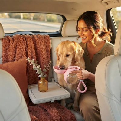 South Asian woman holding a portable dog water bottle and foldable bowl for her dog inside a car.