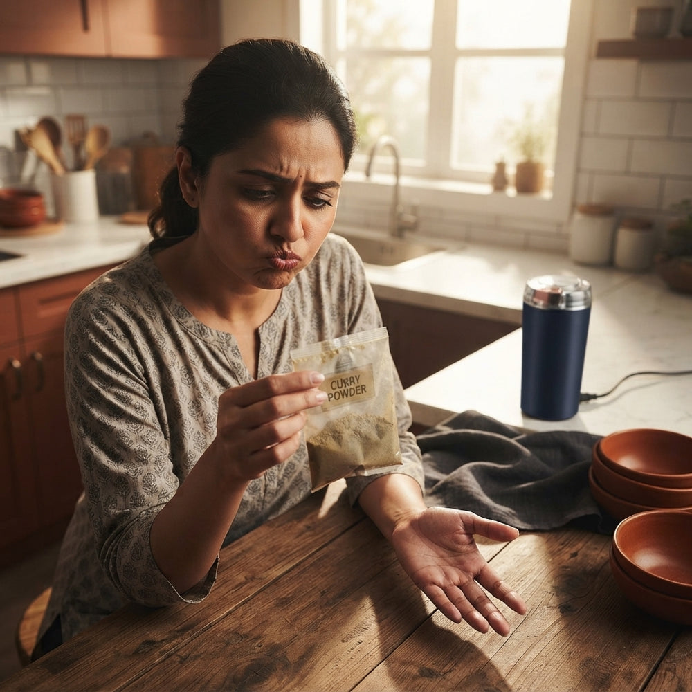 A person in a kitchen looking at a store-bought spice packet with a stainless steel grinder on the counter.