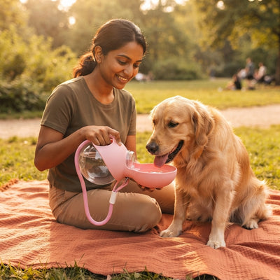 A South Asian woman offering water to her dog from a 2-in-1 portable bottle with a foldable bowl in a sunlit park.