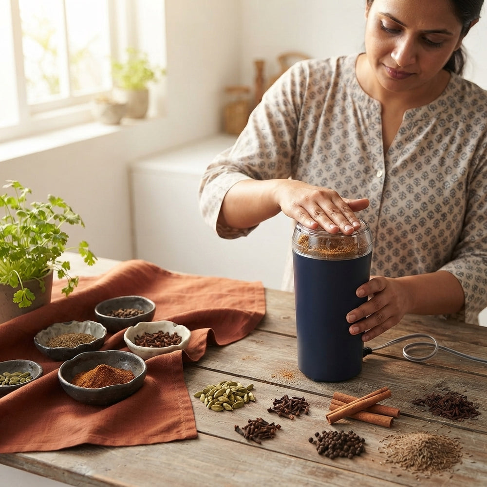 South Asian woman using a stainless steel electric spice grinder to process fresh whole spices in a sunlit kitchen.